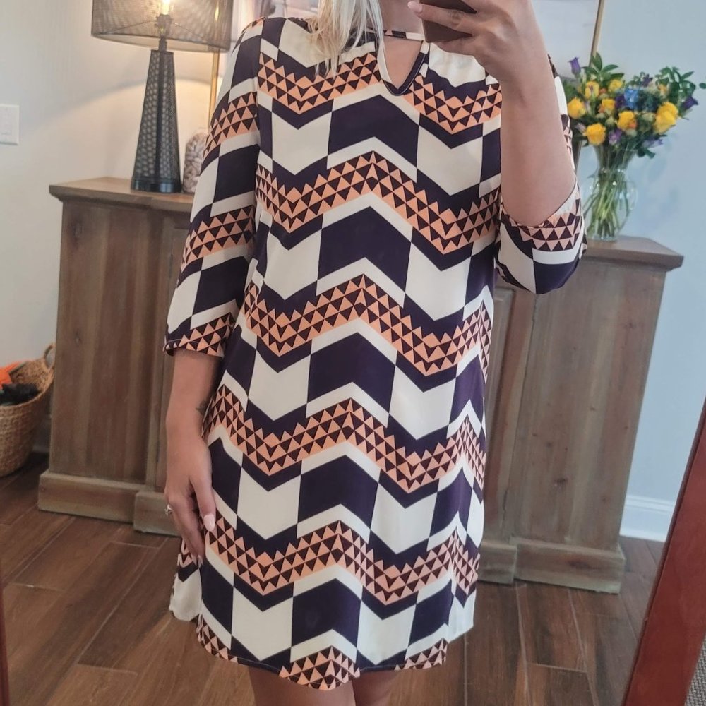 Peach Love, Orange, Cream, and Navy Chevron Shift Dress